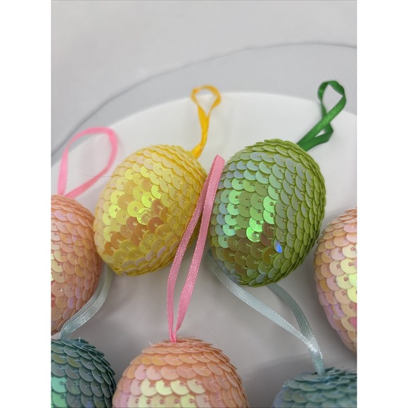 Lot 7 Sequin Easter Egg Ornaments Shiney Spring Decor Tree Ornaments Lightweight - Picture 6 of 10